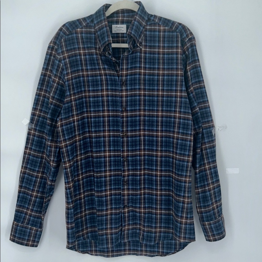 Stenströms Fitted Body Plaid Button Down Shirt M Blue Brown Twofold Super Cotton - Picture 3 of 12